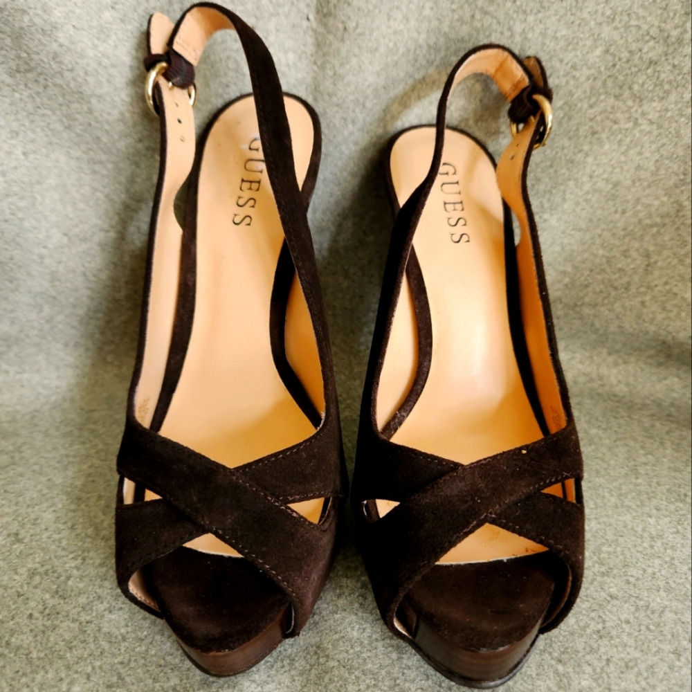 Guess Chocolate Brown Suede Stiletto Peep Toe Slingback Pumps 6M